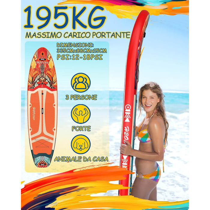 Надувний SUP-борд H2OSUP Stand Up Paddling Board - широка дошка для паділбордингу з преміум аксесуарами, стабільна для будь-якого рівня підготовки (Помаранчевий)