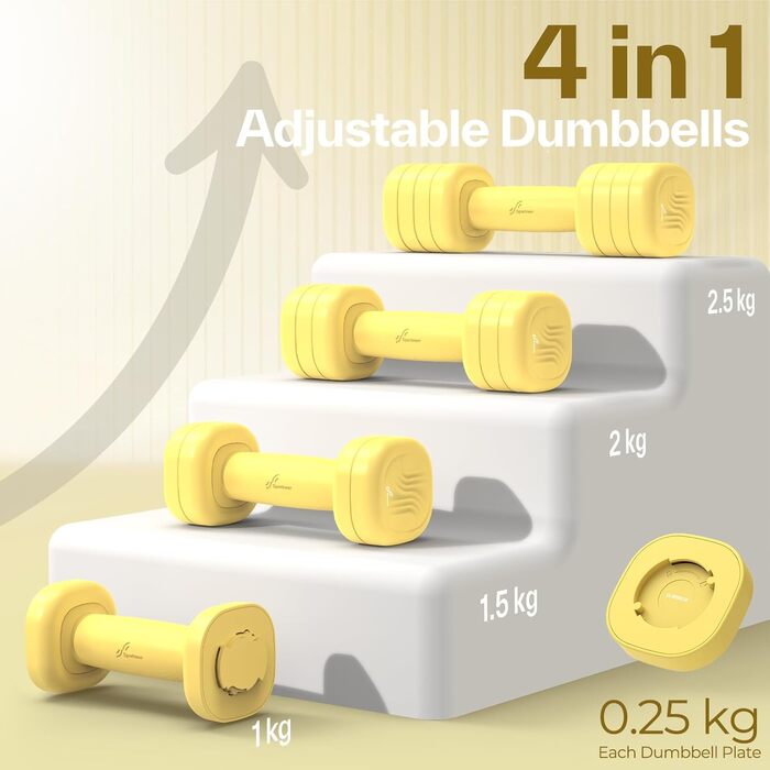 Sportneer Регульовані гантелі для жінок - комплект 2 шт. (вага 1-2.5 кг) з антиковзним TPU-покриттям, 4-в-1 комплект гантелей для фітнесу вдома, домашній спортзал та силові тренування (жовтий)