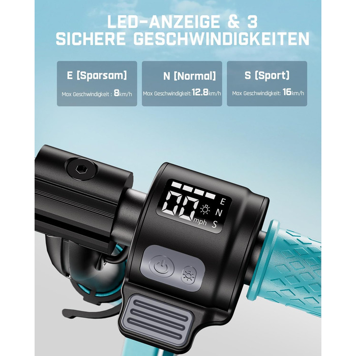 Електросамокат FanttikRide C9 Apex для дітей від 8 років, Bluetooth-музика, різнокольорові підсвітки, 8/12,8/16 км/год, запас ходу 8 км, LED-дисплей, регулювання висоти, складаний, для хлопчиків і дівчаток, синій