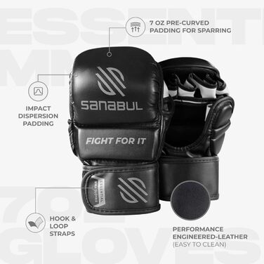 Рукавички для MMA Sanabul Essential 7oz | Тренувальні гібридні рукавички для спарингу (Чорно-срібні, S/M)