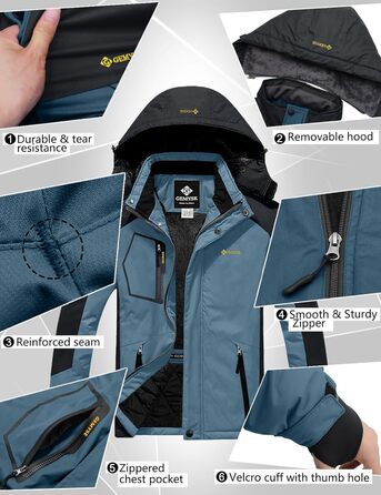 Чоловіча водонепроникна лижна куртка GEMYSE з флісовою підкладкою, вітрозахисна, зимова куртка з капюшоном (S, чорний/сірий)