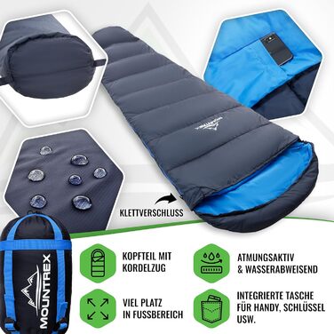 Сплячий мішок MOUNTREX® - компактний та ультралегкий (760г/1500г) - Outdoor спальний мішок для літа (100GSM) / 3-4 сезони (300GSM) - Мумієподібний спальний мішок – кемпінг, подорожі, фестивалі – теплий та з'єднуваний, темно-синій/синій