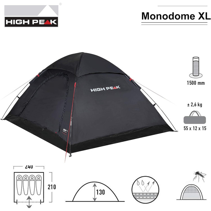 Купол-намет High Peak Monodome XL: намет для кемпінгу на 4 особи, іглу, фестивальний намет з підлогою, чорний
