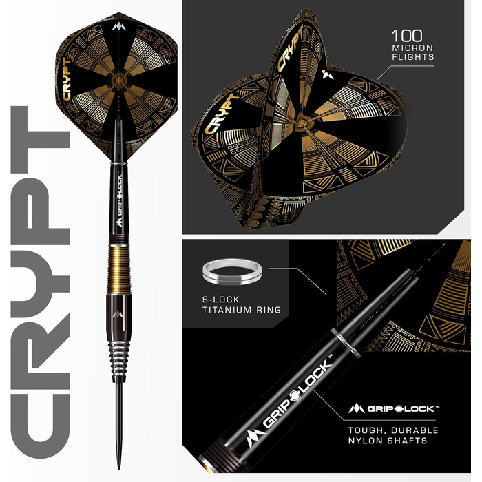 Набір дротиків Mission Darts Crypt 90% вольфрам, чорні та золоті, PVD-покриття, сталевий наконечник, різні стилі та ваги