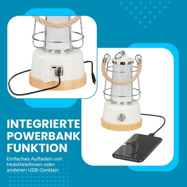 LED кемпінговий ліхтар на акумуляторі з Power Bank, 370lm, регулювання яскравості, USB зарядка, 2200-6500K, до 75 годин роботи, IP44, бамбук та льон