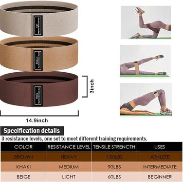 Стрічки опору для фітнесу: набір для тренувань сідниць та тіла. Стрічки для фітнесу з тканини для дому та залу. Колір: бежевий/хакі/коричневий