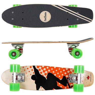 Скейтборд круїзер FunTomia Mini-Board 57см, канадський клен (7 шарів), підшипники ABEC-9, помаранчевий з зеленими колесами