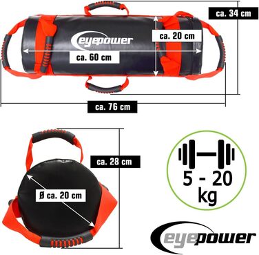 Eyepower Професійний силовий мішок 20 кг + 4 водонепроникні гирі з залізним піском, 6 ручок, фітнес-сендбег для дому, тренування преса та спини, чорний-червоний
