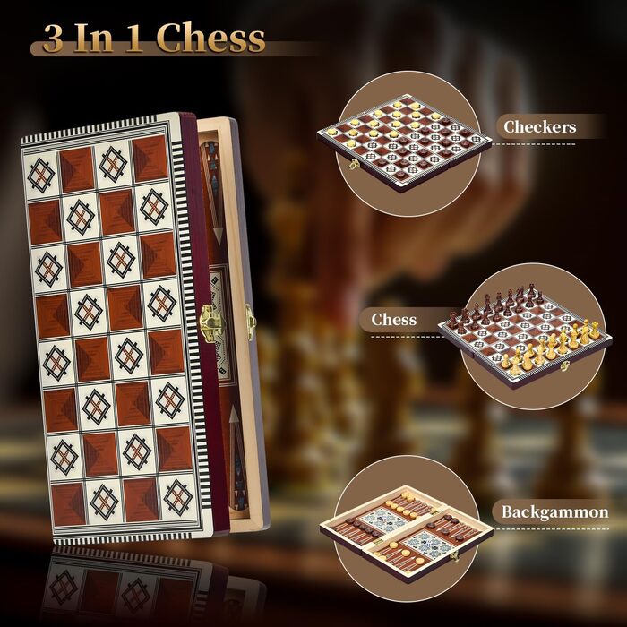 Магнітна шахова дошка з дерева 3 в 1, складана, для подорожей та дітей, 29x29 см