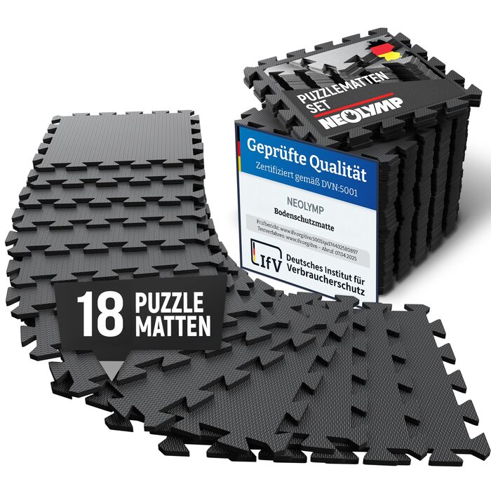 Захисний килимок для фітнесу та тренажерів NEOLYMP — товстий гумовий пазл-покриття для спортзалу, гімнастичний мат, антрацит (18 матів, 1.7 м²)