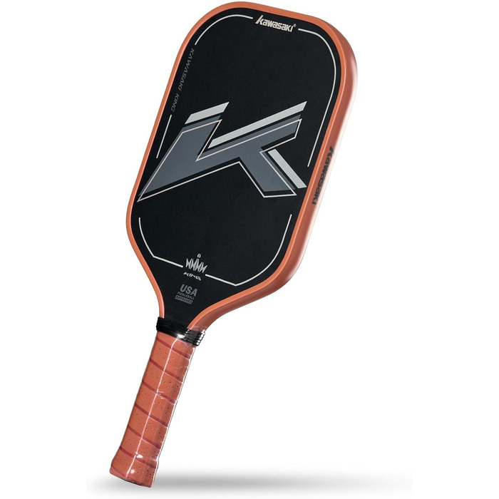 Пікбол ракетка Kawasaki T700 Premium Carbon Fiber (CFS) - схвалено USAPA, серія King, 16 мм, для змагань, з чохлом та ручкою (ЧОРНИЙ/БРЮЗОВИЙ)