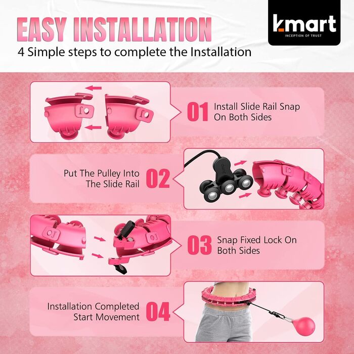 Смарт обруч K-MART для фітнесу, 24 знімних сегменти, 360° масаж, обтяжений, для схуднення, автоматичний обертальний м'яч, рожевий