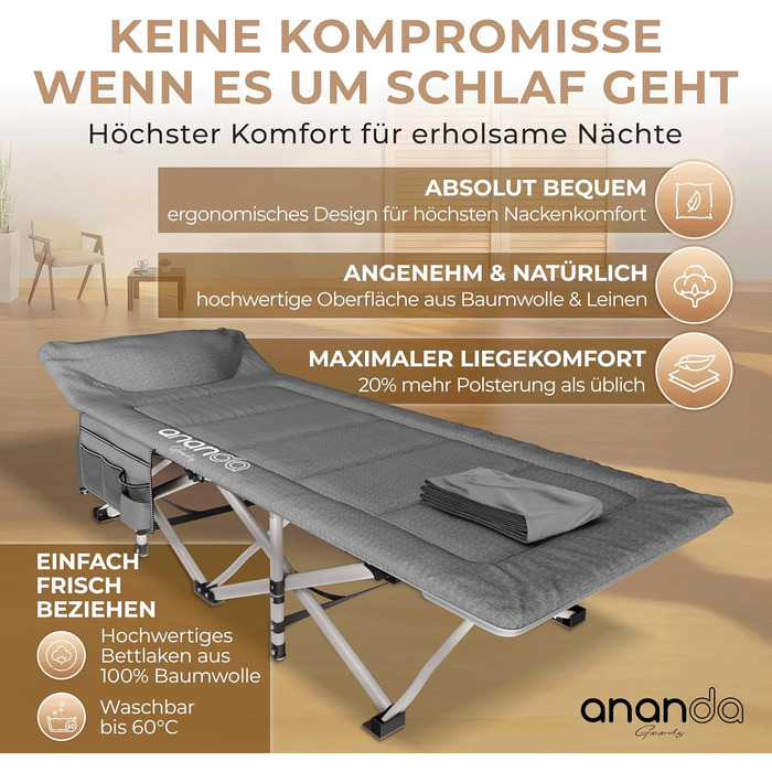 Розкладне ліжко Ananda Goods® для кемпінгу та гостей з матрацом – 190x70 см, карпове ліжко, туристичне ліжко, ліжко з бавовняно-льоновій матрац та простирадлом