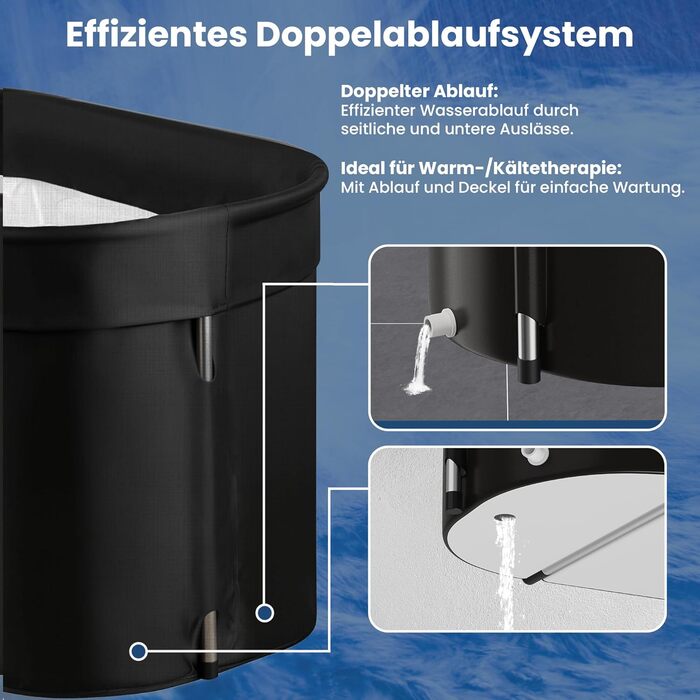 Зручна складана ванна для криотерапії Faas Eisbad XL 420L – Чорна, з кришкою та зливом, 420 літрів