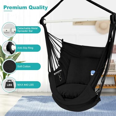 Гамак для кемпінгу Outerman 275 x 155 см, міцний, на 250 кг, з антиковзними балки та ремені, для відпочинку на природі, пляжі, дворі (Чорний)