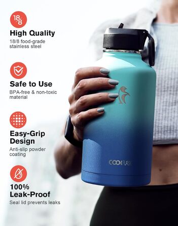 Ізольована пляшка для води Coolflask 2L з трубочкою та 3 кришками, з нержавіючої сталі, для спорту та офісу, подвійне вакуумне покриття, без витоку