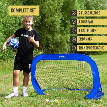 Дитячі футбольні ворота для саду – 2 шт. з посиленими штангами з скловолокна. Комплект включає м'яч, насос, ґрунтові анкери та сумка для транспортування.