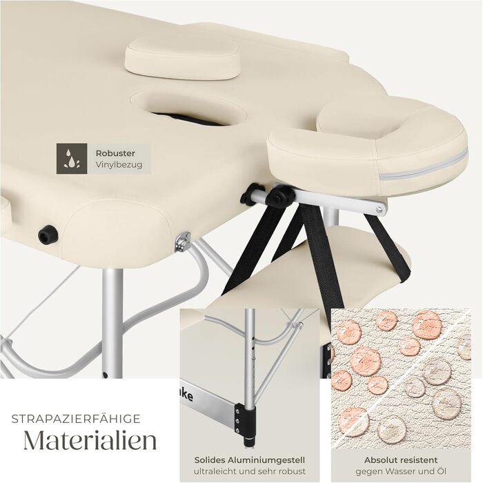 Масажний стіл Tectake 3 зони, складаний, регульована висота, з аксесуарами (головна підтримка, підлокітники, сумка) - Бежевий