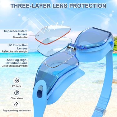 Окуляри для плавання дорослі та дитячі - проти запотівання, HD лінзи, захист від УФ, водонепроникний ущільнювач для тренувань, пляжу/басейну - зручна посадка, унісекс, чоловічі та жіночі окуляри для плавання (2600-BL)