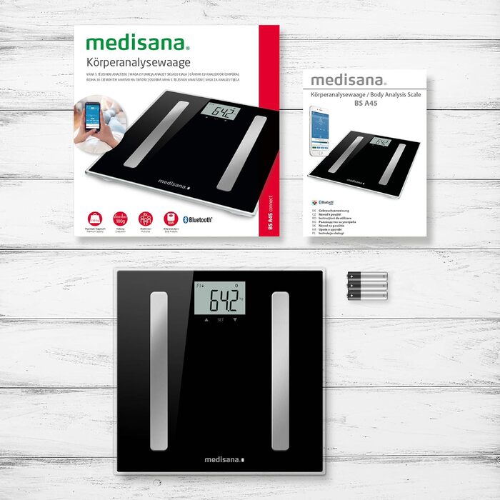 Medisana BS A45 Connect – електронна ваги-аналізатор тіла до 180 кг, для вимірювання жиру, води, м'язової та кісткової маси, з додатком для аналізу