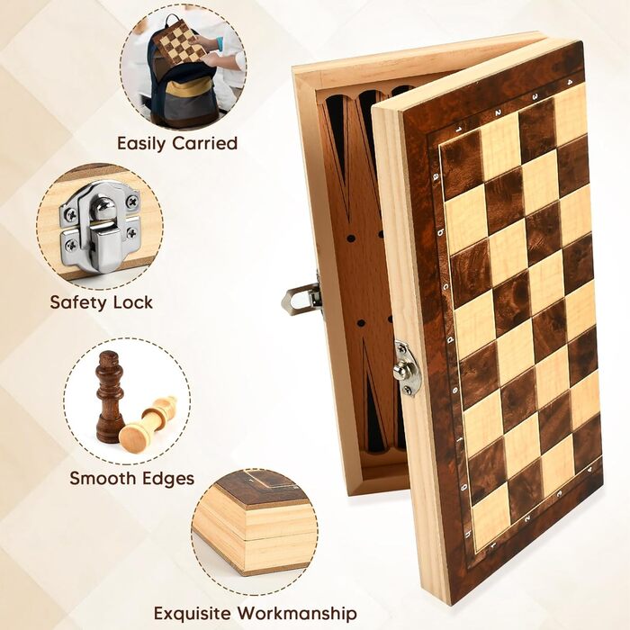 Шаховий набір дерев'яний 3 в 1 з шахами, шашками та настільною грою, преміум-якість, складаний, для дітей та дорослих, для гри вдома та в подорожах (29см)