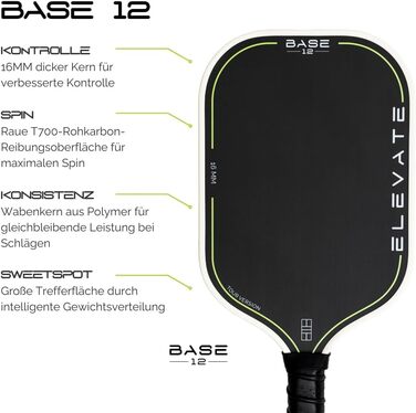 BASE12 Піклбол Шляк Карбон – Преміум Ракетка 16 мм, Шорстка Поверхня для Контролю та Обертання – Ідеально для Початківців та Професіоналів