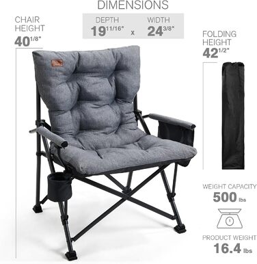 Крісло для кемпінгу EVER ADVANCED, складне, 230 кг, XL, широке сидіння 62 см, з кишенею та тримачем для напоїв, для кемпінгу, відпочинку на природі, балкону, саду