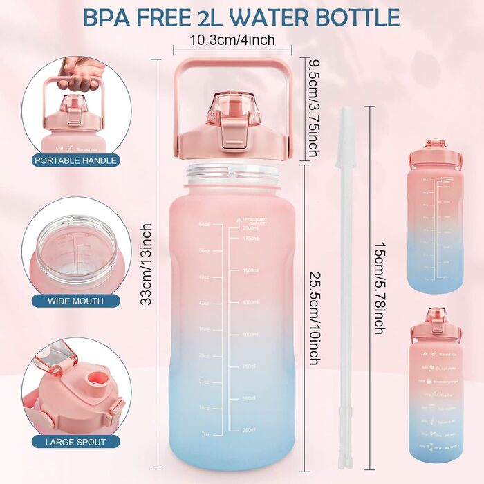 Спортивна пляшка для води MOMSIV 2L з трубочкою та відсіком для фруктів, з позначками часу, чорно-рожева, BPA Free