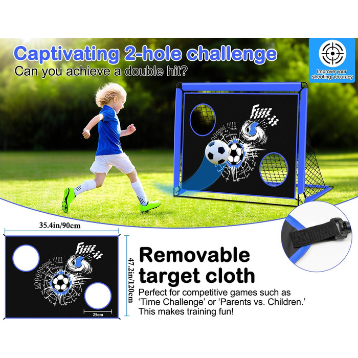 Дитячі ворота для футболу, 2-в-1 Pop-Up, розкладні, для саду, на вулицю, з чохлом та кілочками (120x90см, блакитний)