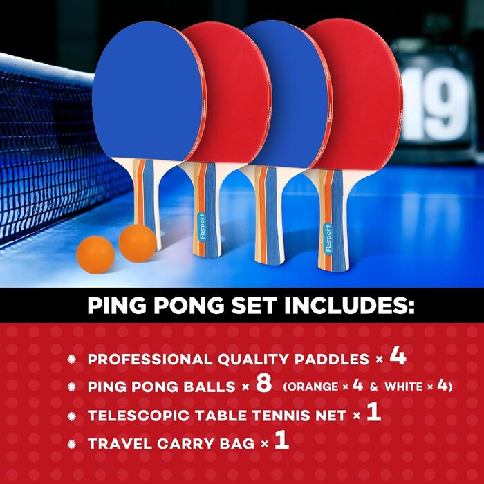 Набір для настільного тенісу Profi: 4 ракетки, сітка, 8 м'ячів, сумка. Підходить для дітей та дорослих (червоний + синій)