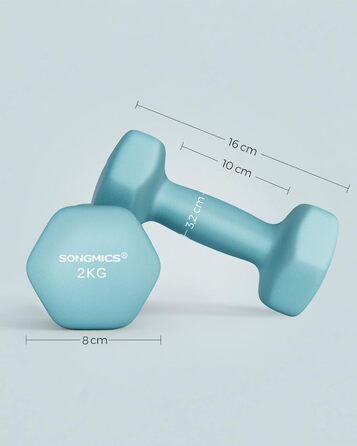 Гантелі SONGMICS 2×2 кг, набір гексагональних гантелей з неопреновим покриттям для фітнесу та силових тренувань вдома, блакитні