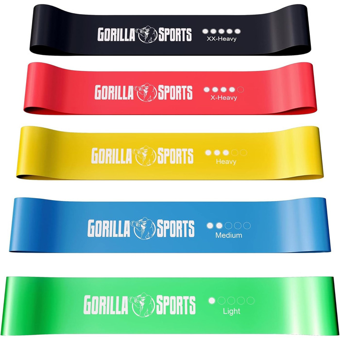 Гумові еспандери Gorilla Sports® 5 шт. з сумкою для тренувань: рівні опору, нековзкий латекс для фітнесу, йоги, пілатесу, реабілітації