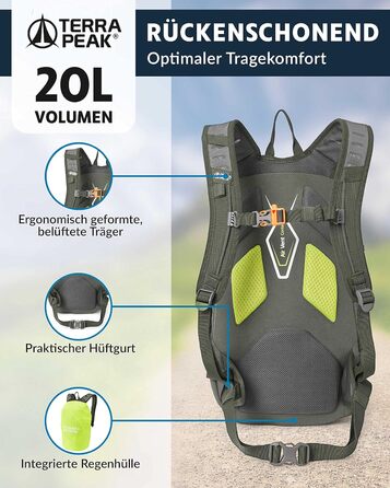 Туристичний рюкзак 20 л Wanderrucksack Active 20 Premium, з вентильованою спинкою, дощовиком та кріпленням для питної системи, з дихаючої сітки 3D Air Mesh, з поясним ременем, оливковий