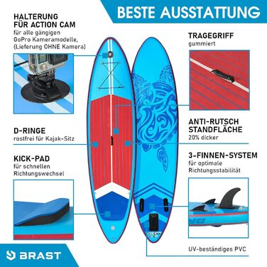 Надувна SUP-дошка BRAST SUPER Set 320x81x15 см з аксесуарами (помпа, весло, рюкзак, ремінь), гарантія 5 років, синій, зелений, червоний, бірюзовий