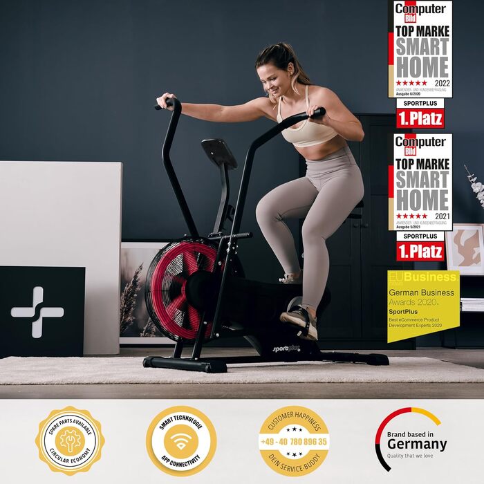 Велотренажер SportPlus Profi Air Bike з повітряним опором, HIIT, до 135 кг, чорний/червоний, сумісний із додатком, домашній фітнес