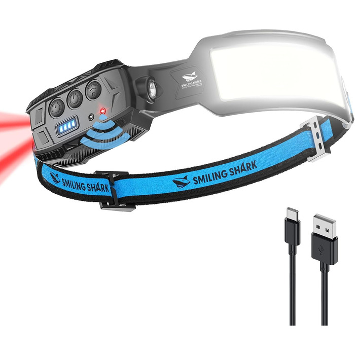 Налобний ліхтар Smiling Shark, 2 шт. LED-ліхтарик з датчиком руху, 270° освітлення, червоний стоп-сигнал для кемпінгу, риболовлі, ремонту, перезаряджається