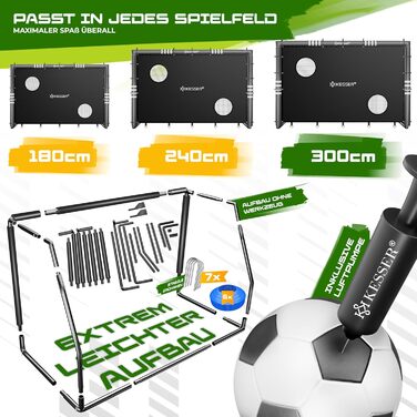 Ворота футбольні KESSER® для саду, міцні, для тренувань, з UV-стійким сіткою, сталевий каркас з оббивкою, фіксатори для землі, насос, конуси, аксесуари для монтажу (240см, з торговою панеллю, антрацит)