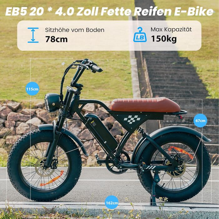 Електровелосипед Finbike з універсальними 20x4.0 дюймовими широкими шинами, знімним акумулятором 10.4Ah, 4 режимами їзди, запасом ходу до 100 км, для чоловіків і жінок