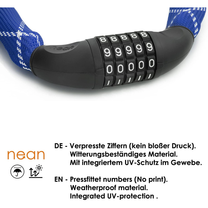 Надійне велозамок Nean з кодом, 6x6x900 мм, сталевий ланцюг, синій