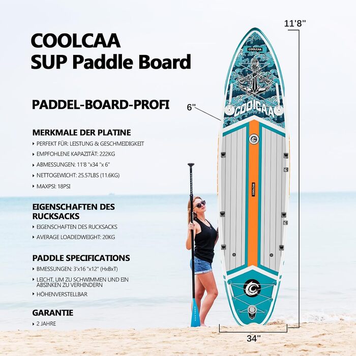 Надувна SUP-дошка COOLCAA 354x86x15 см з аксесуарами, вантажопідйомність 210 кг, для дорослих та підлітків, універсальна для всіх рівнів