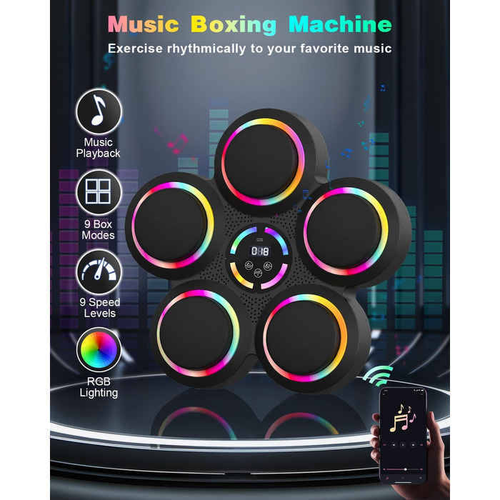 Музична бокс-машина з LED-підсвіткою та Bluetooth, 9 режимів швидкості та лічильник ударів, для дорослих та дітей, 5 ударних подушок