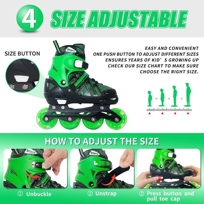 Роликові ковзани Nattork для хлопчиків з підсвічуванням, розмір 32-36, зелені