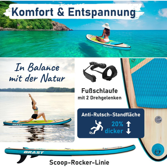 Надувний SUP-борд BRST Tropic | Комплект для станд-ап паддлбордингу | 320x81x15 см | 6 дизайнів | 5 років гарантії | з аксесуарами | 2в1: SUP та каяк, тримач для Action Cam, ланцюжок для ніг, насос, рюкзак (Турквіз)