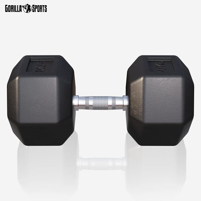 Гантелі GORILLA SPORTS Hexagon 50 кг – шестигранні, гумові, чавунні, рифлений хромований гриф, чорні, для фітнесу та силових тренувань