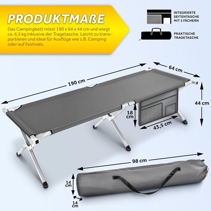 Кемпінгове ліжко TRESKO XXL з металу, 190 x 64 x 44 см, сіре (до 150 кг)