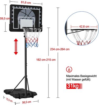 Баскетбольне кільце Yaheetech з регульованою висотою на стійці з колесами для вулиці та приміщення 264 см