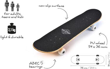 Дитячий дерев'яний скейтборд Meteor SCULL Mini Cruiser для хлопчиків і дівчаток, ретро-стиль, високоякісна дека, роликове дошка
