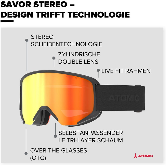 Гірськолижна маска ATOMIC SAVOR STEREO чорна, з дзеркальним покриттям, захистом від сонця, Live Fit, сумісна з окулярами