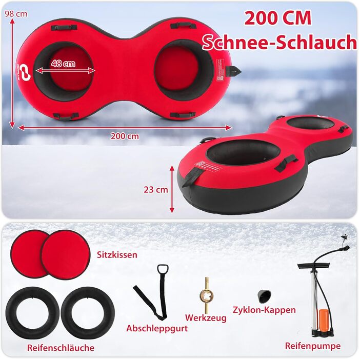 Надувний сніговий санки COSTWAY 200 см для 2 осіб з тросом та насосом, червоний