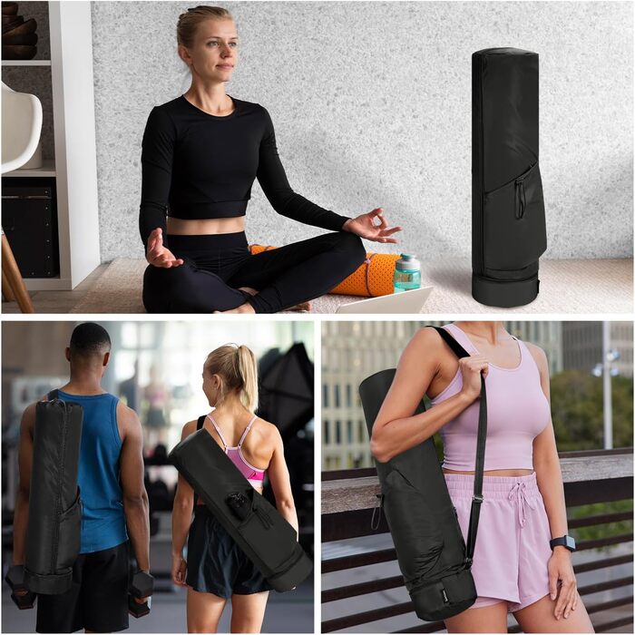 Сумка для йоги Yogatasche Damen чорна з відділенням для мокрого одягу та тримачем для пляшки, сумка для килимка для йоги з регульованим ременем